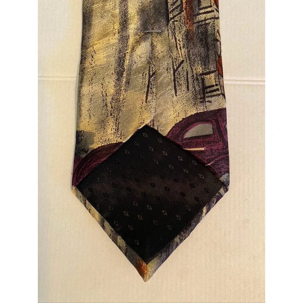 Bugatti Mens Silk Tie Italian Impressionist Street Scene Vintage Car Burgundy 4